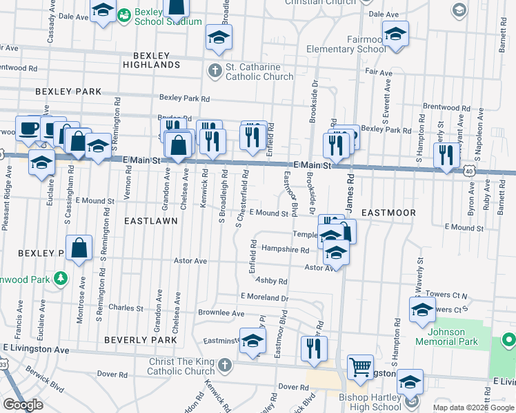 map of restaurants, bars, coffee shops, grocery stores, and more near 2919 East Mound Street in Columbus