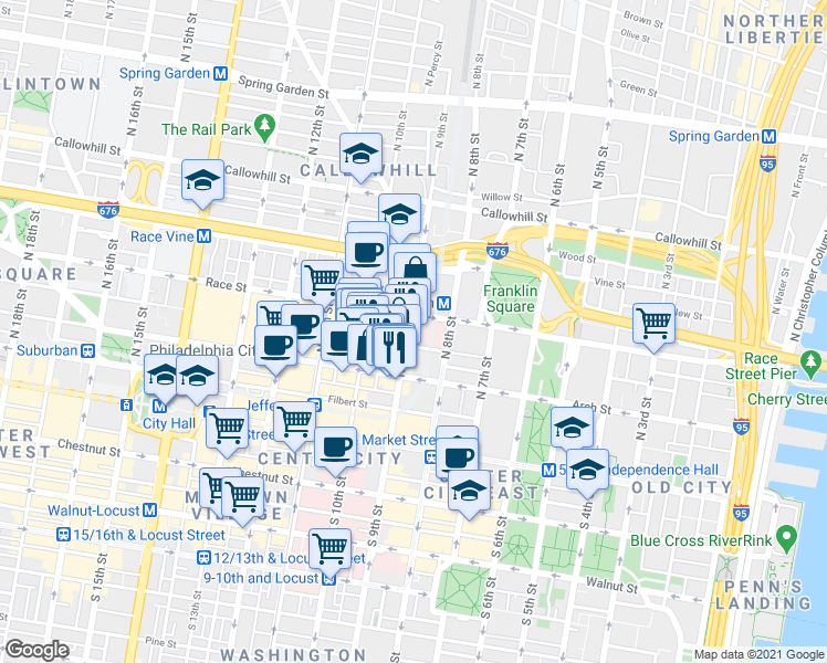 map of restaurants, bars, coffee shops, grocery stores, and more near in Philadelphia