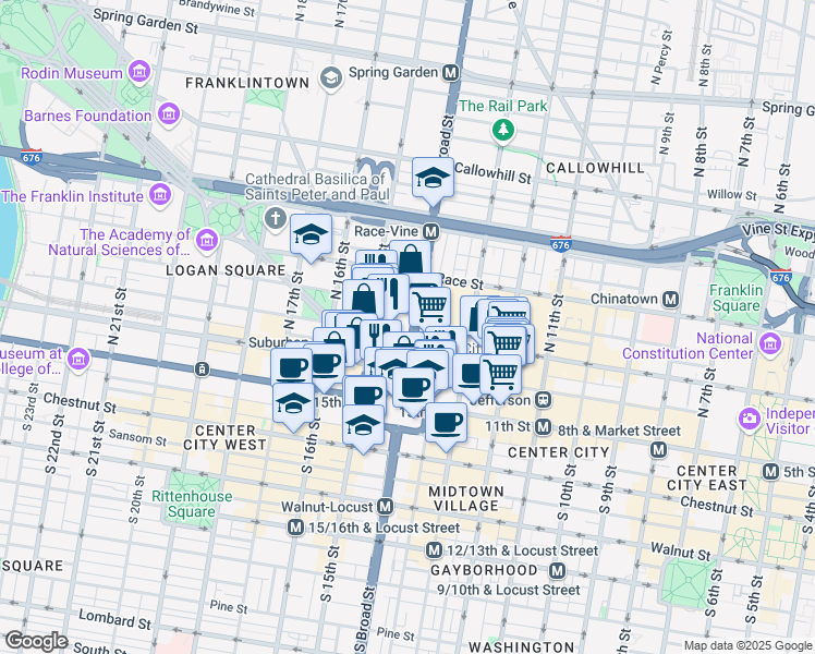 map of restaurants, bars, coffee shops, grocery stores, and more near 98 North Broad Street in Philadelphia