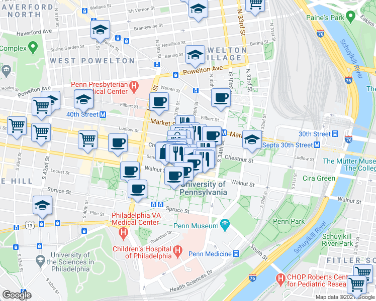 map of restaurants, bars, coffee shops, grocery stores, and more near 113 South 36th Street in Philadelphia