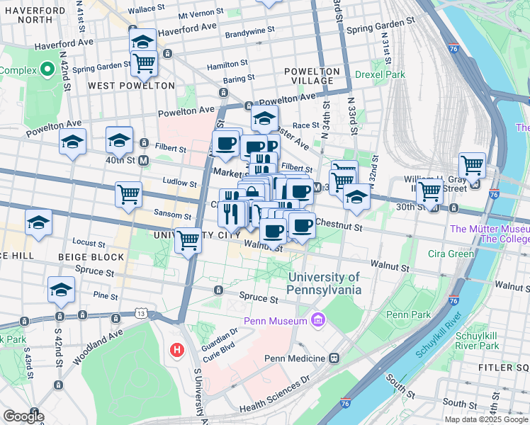 map of restaurants, bars, coffee shops, grocery stores, and more near 113 South 36th Street in Philadelphia