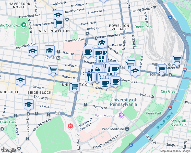 map of restaurants, bars, coffee shops, grocery stores, and more near 113 South 36th Street in Philadelphia