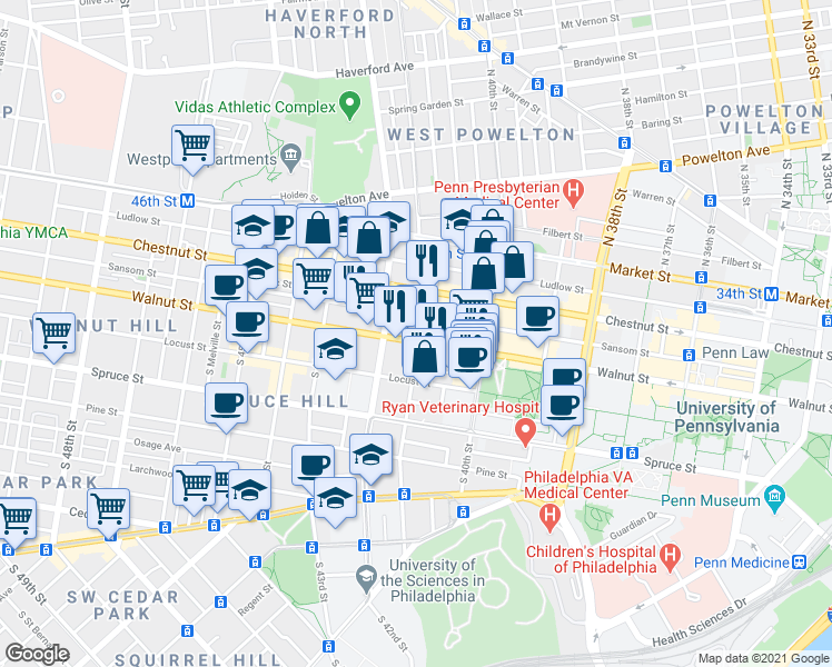 map of restaurants, bars, coffee shops, grocery stores, and more near 223 South 41st Street in Philadelphia