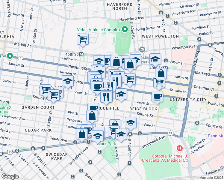 map of restaurants, bars, coffee shops, grocery stores, and more near 4314 Walnut Street in Philadelphia