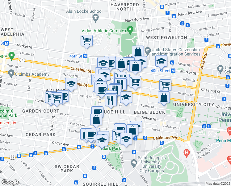 map of restaurants, bars, coffee shops, grocery stores, and more near in Philadelphia