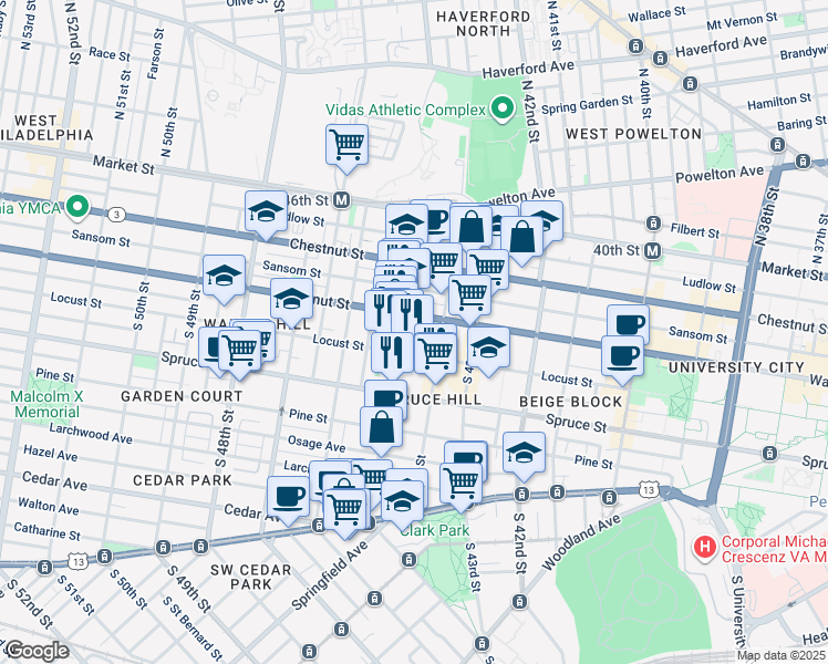 map of restaurants, bars, coffee shops, grocery stores, and more near 4426 Locust Street in Philadelphia