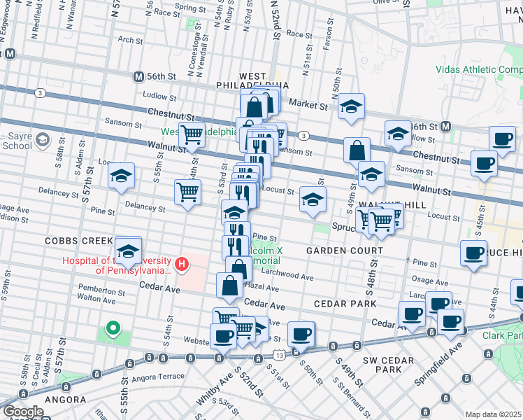 map of restaurants, bars, coffee shops, grocery stores, and more near 5127 Delancey Street in Philadelphia