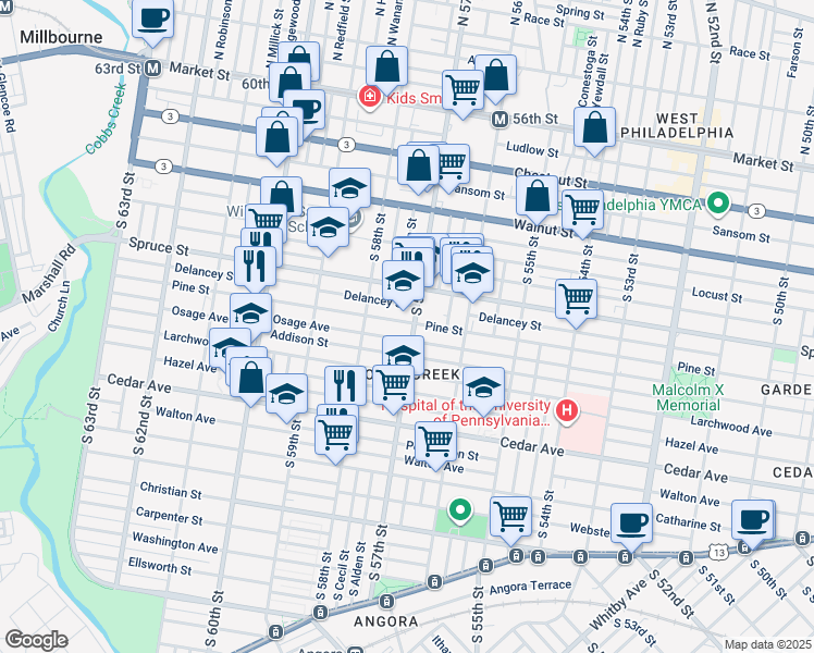 map of restaurants, bars, coffee shops, grocery stores, and more near 400 South 57th Street in Philadelphia