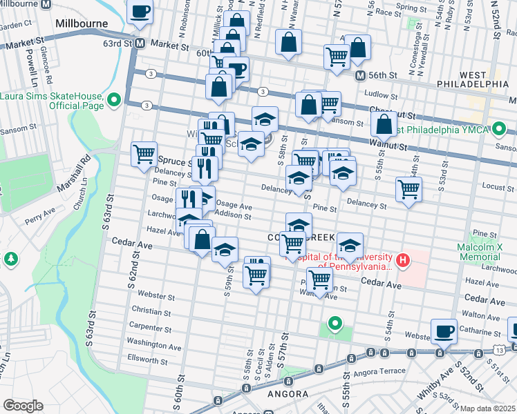 map of restaurants, bars, coffee shops, grocery stores, and more near 5802 Addison Street in Philadelphia