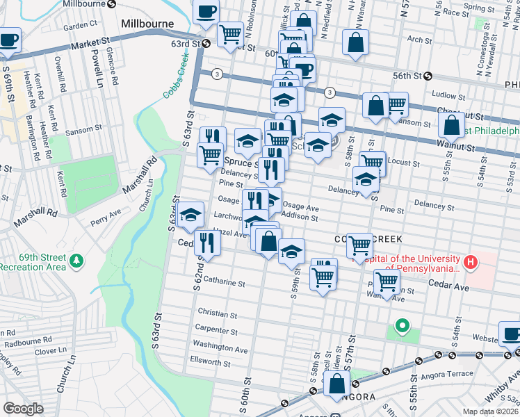 map of restaurants, bars, coffee shops, grocery stores, and more near 6017 Larchwood Avenue in Philadelphia