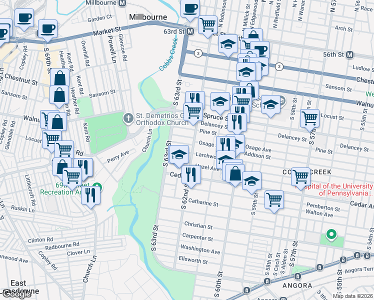 map of restaurants, bars, coffee shops, grocery stores, and more near 6230 Hazel Avenue in Philadelphia