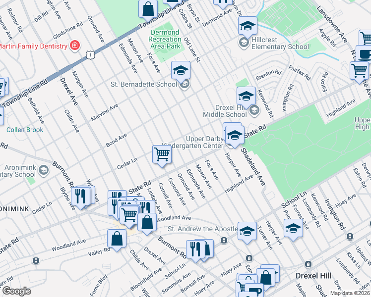 map of restaurants, bars, coffee shops, grocery stores, and more near 3605 State Road in Drexel Hill