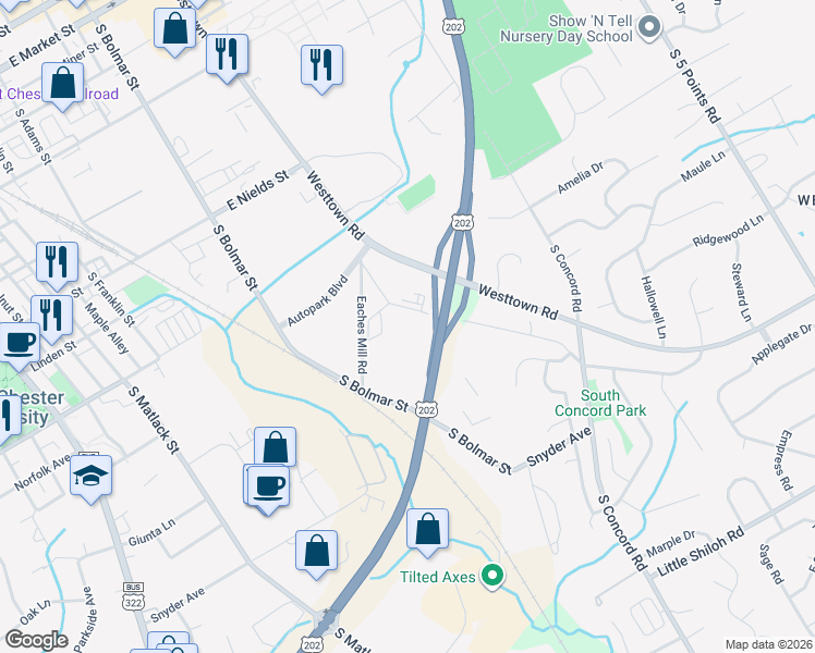 map of restaurants, bars, coffee shops, grocery stores, and more near 920 South Bolmar Street in West Chester