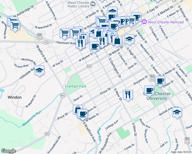 map of restaurants, bars, coffee shops, grocery stores, and more near 410 West Union Street in West Chester