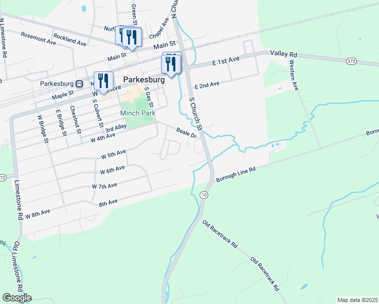 map of restaurants, bars, coffee shops, grocery stores, and more near 206 South Church Street in Parkesburg