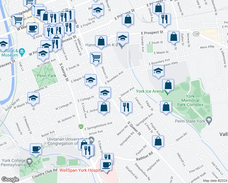 map of restaurants, bars, coffee shops, grocery stores, and more near 733 South Queen Street in York