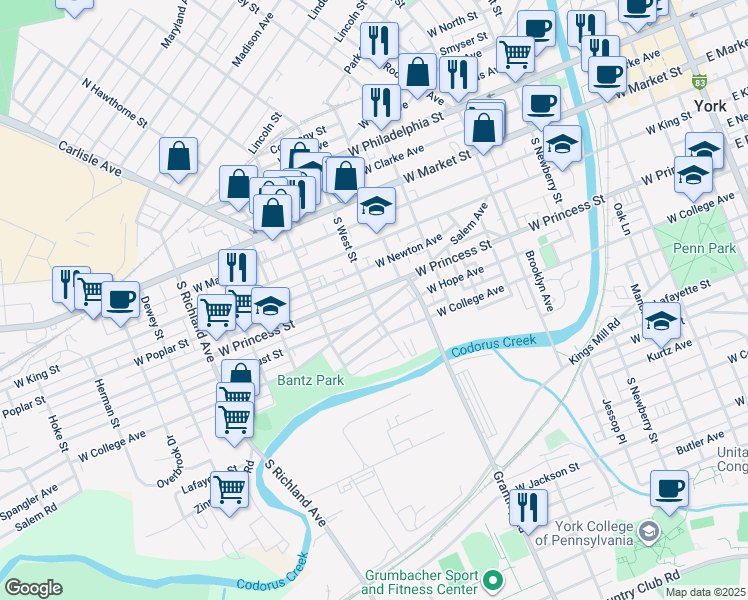 map of restaurants, bars, coffee shops, grocery stores, and more near 601 West College Avenue in York