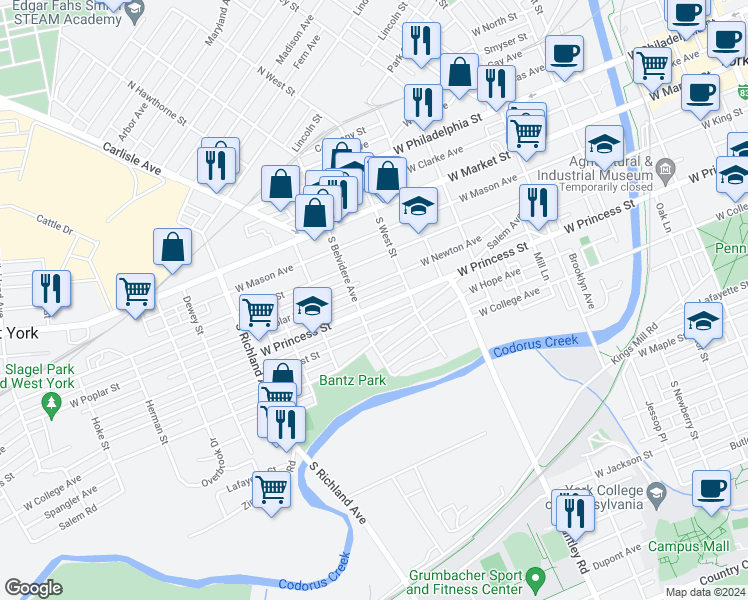 map of restaurants, bars, coffee shops, grocery stores, and more near 655 West Locust Street in York