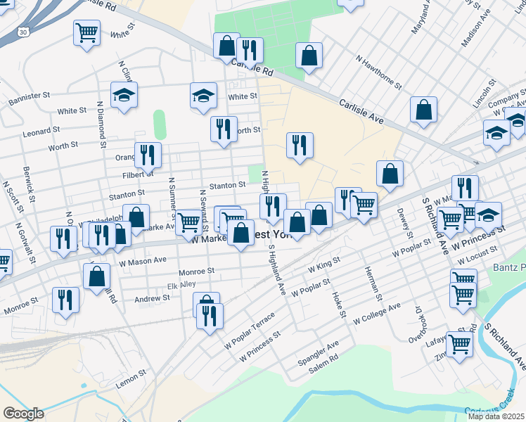 map of restaurants, bars, coffee shops, grocery stores, and more near in West York