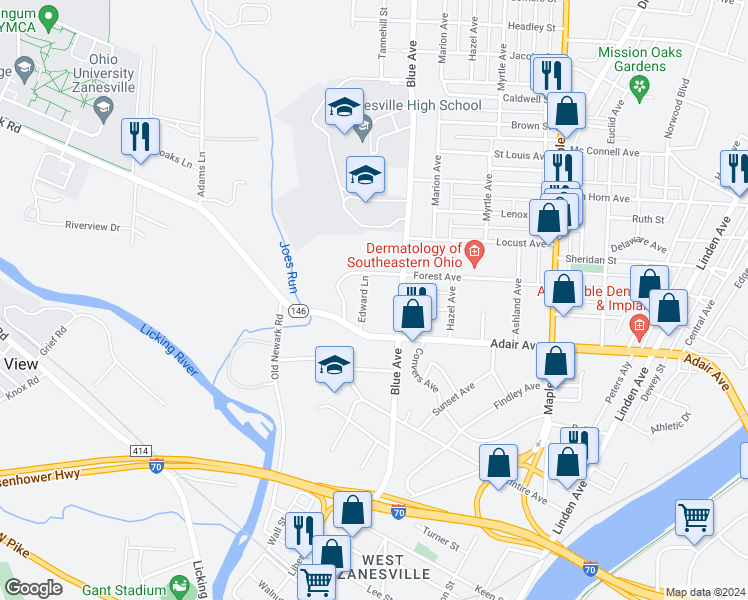 map of restaurants, bars, coffee shops, grocery stores, and more near 1222 Edward Lane in Zanesville