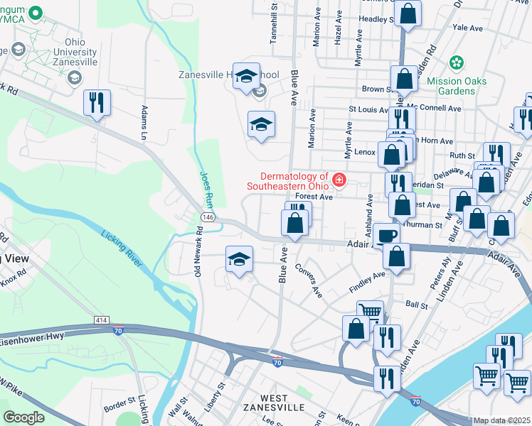 map of restaurants, bars, coffee shops, grocery stores, and more near 1222 Edward Lane in Zanesville