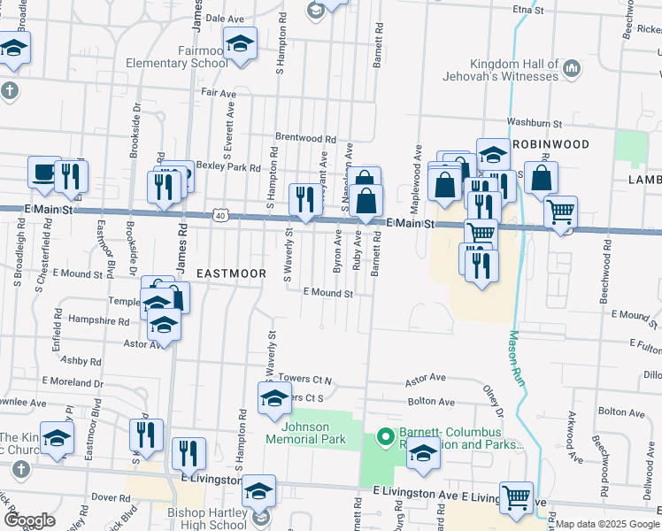 map of restaurants, bars, coffee shops, grocery stores, and more near 881 Byron Avenue in Columbus
