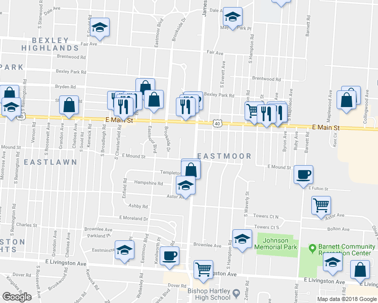 map of restaurants, bars, coffee shops, grocery stores, and more near in Columbus