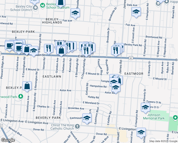 map of restaurants, bars, coffee shops, grocery stores, and more near 2919 East Mound Street in Columbus