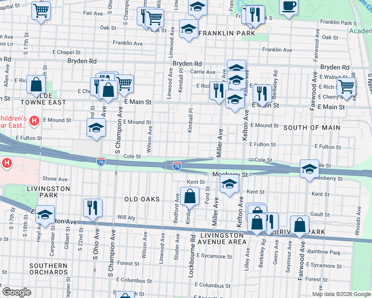 map of restaurants, bars, coffee shops, grocery stores, and more near 586 Kimball Place in Columbus