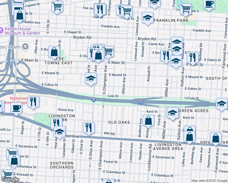 map of restaurants, bars, coffee shops, grocery stores, and more near 1146 Cole Street in Columbus