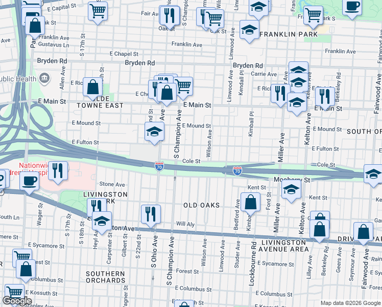 map of restaurants, bars, coffee shops, grocery stores, and more near 1146 Cole Street in Columbus