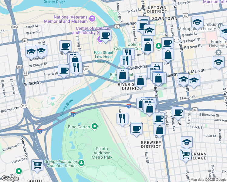 map of restaurants, bars, coffee shops, grocery stores, and more near 2 Miranova Place in Columbus