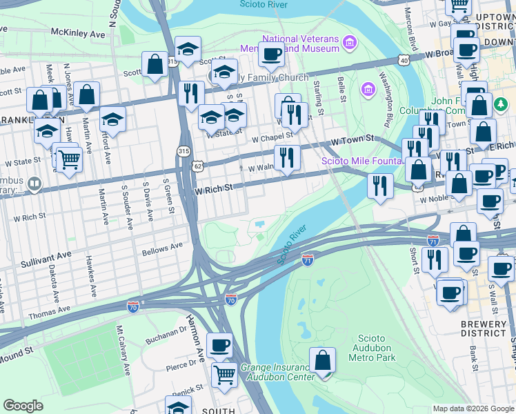 map of restaurants, bars, coffee shops, grocery stores, and more near 545 Sullivant Avenue in Columbus