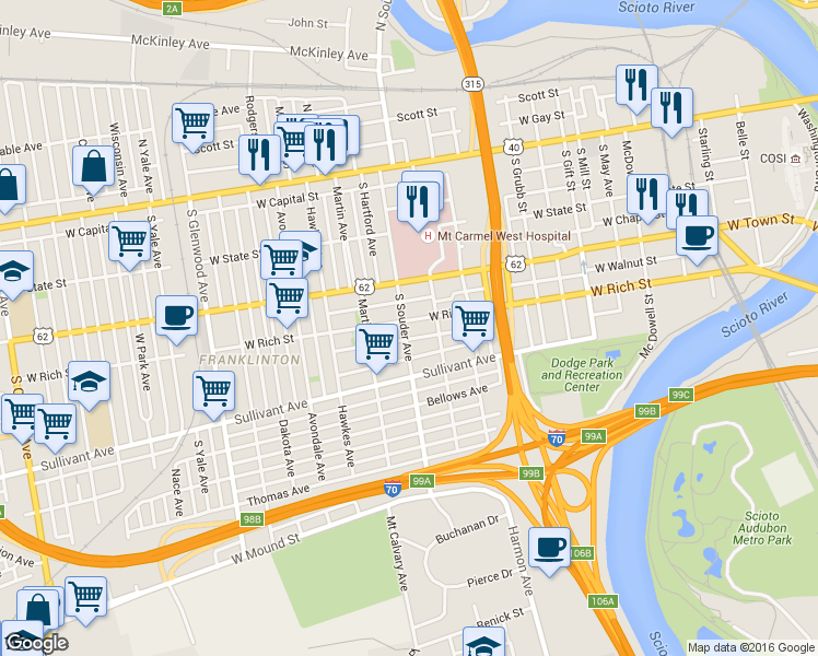 map of restaurants, bars, coffee shops, grocery stores, and more near 267 South Souder Avenue in Columbus