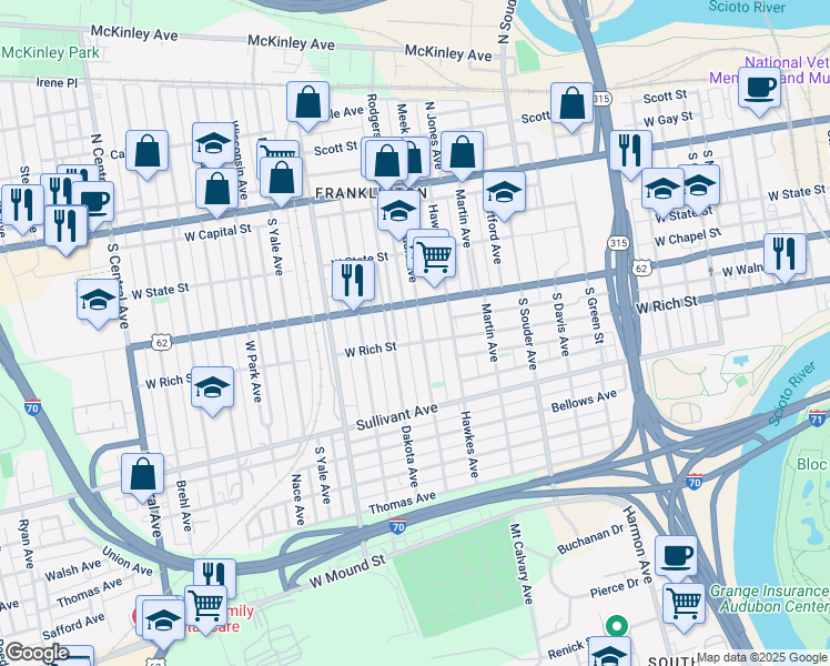 map of restaurants, bars, coffee shops, grocery stores, and more near 243 Avondale Avenue in Columbus