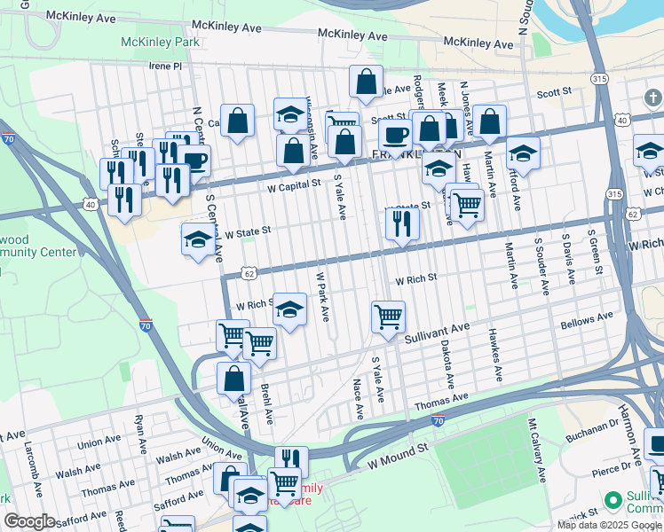 map of restaurants, bars, coffee shops, grocery stores, and more near 203 West Park Avenue in Columbus