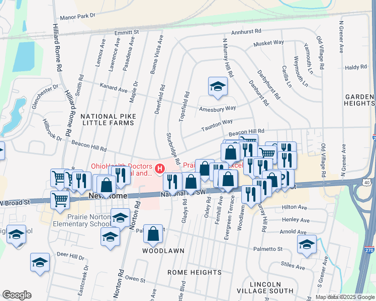 map of restaurants, bars, coffee shops, grocery stores, and more near 90 Sturbridge Road in Columbus