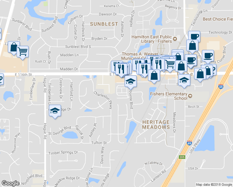 map of restaurants, bars, coffee shops, grocery stores, and more near Jo Ellen Drive in Fishers
