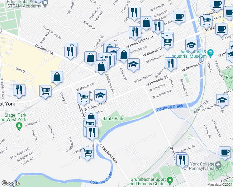 map of restaurants, bars, coffee shops, grocery stores, and more near 653 West Princess Street in York