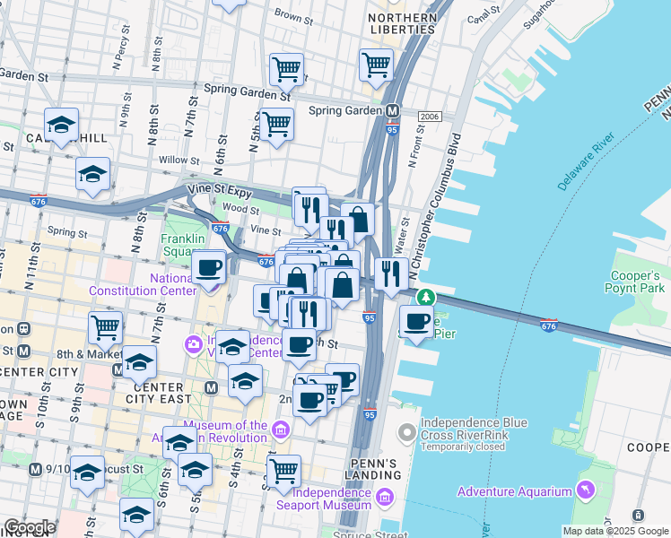 map of restaurants, bars, coffee shops, grocery stores, and more near 209 North 2nd Street in Philadelphia