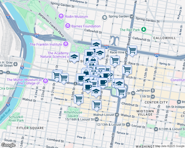 map of restaurants, bars, coffee shops, grocery stores, and more near 1701 John F Kennedy Boulevard in Philadelphia