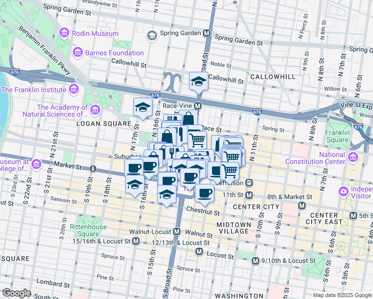 map of restaurants, bars, coffee shops, grocery stores, and more near 1401 Arch Street in Philadelphia