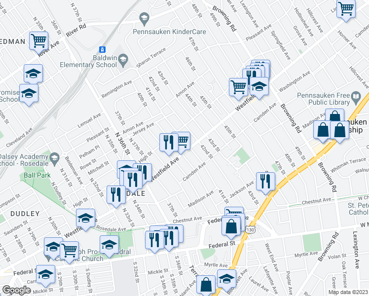 map of restaurants, bars, coffee shops, grocery stores, and more near 4011 Westfield Avenue in Pennsauken Township