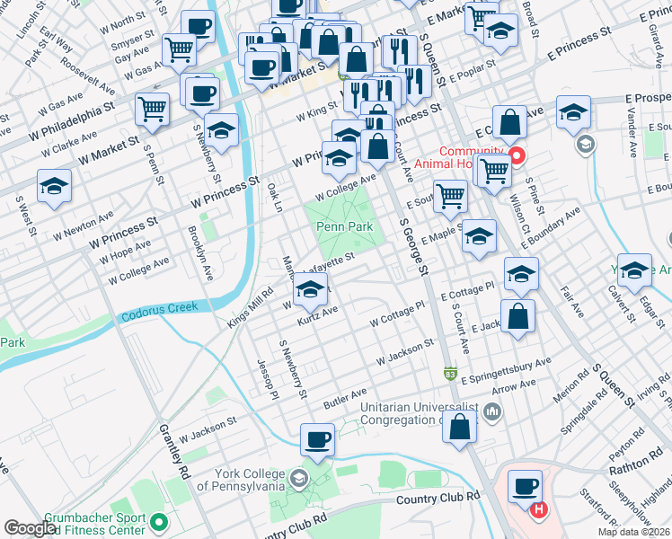 map of restaurants, bars, coffee shops, grocery stores, and more near 506 South Pershing Avenue in York