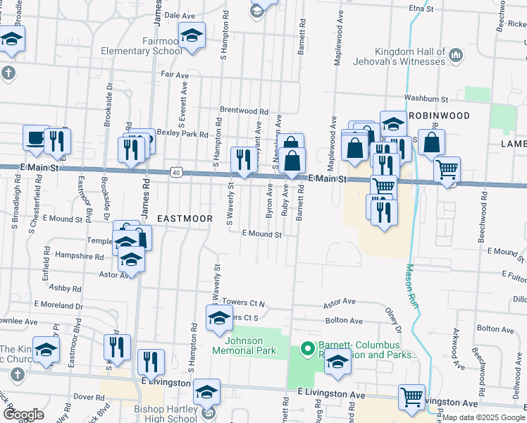 map of restaurants, bars, coffee shops, grocery stores, and more near 881 Byron Avenue in Columbus