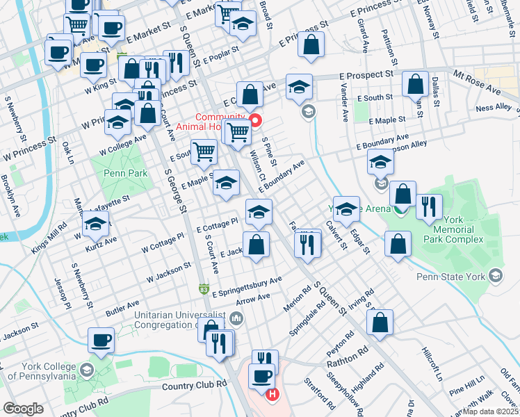 map of restaurants, bars, coffee shops, grocery stores, and more near 636 South Queen Street in York