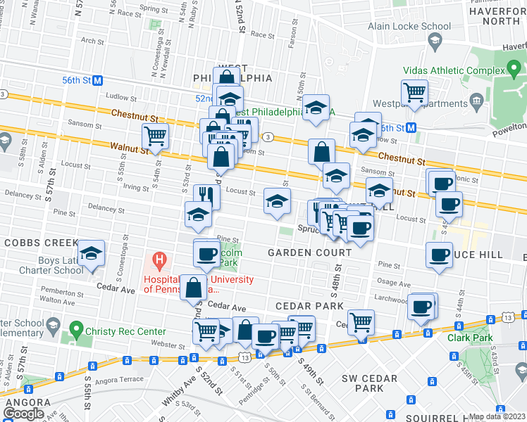 map of restaurants, bars, coffee shops, grocery stores, and more near 5034 Irving Street in Philadelphia
