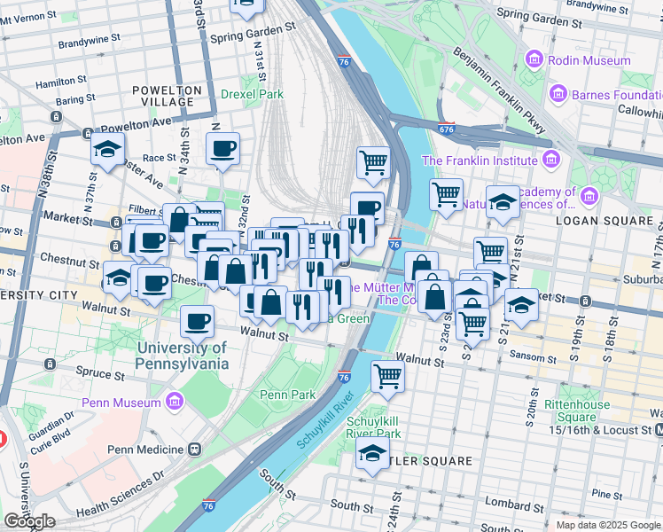 map of restaurants, bars, coffee shops, grocery stores, and more near 3010 Market Street in Philadelphia