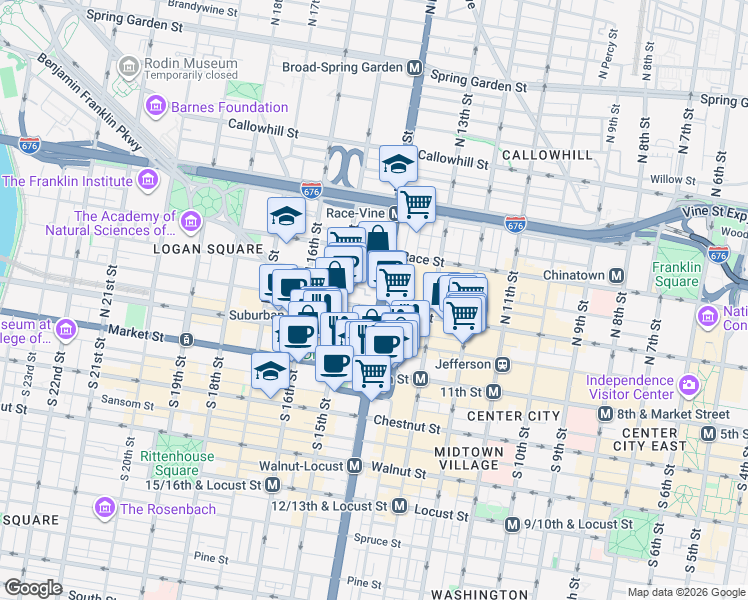 map of restaurants, bars, coffee shops, grocery stores, and more near 98 North Broad Street in Philadelphia