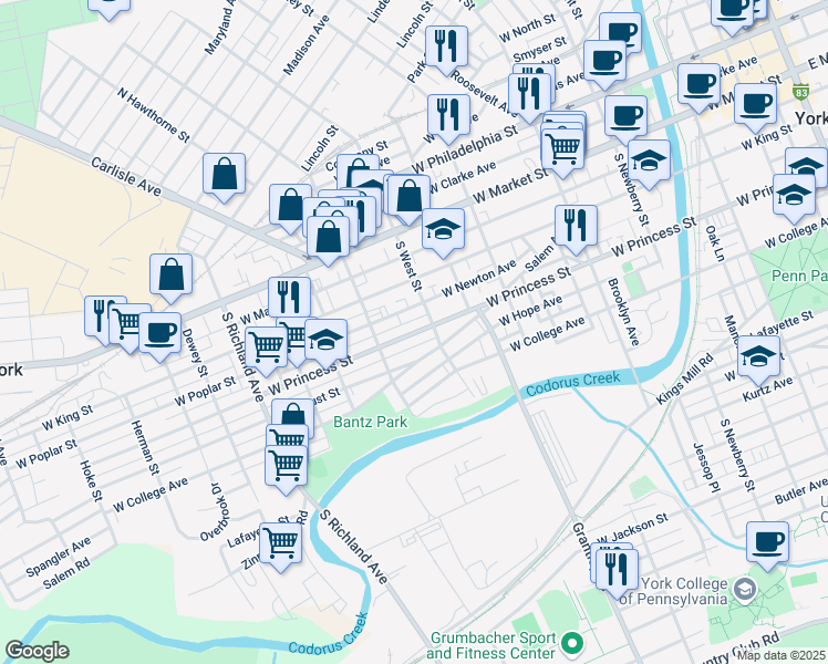 map of restaurants, bars, coffee shops, grocery stores, and more near 612 West Princess Street in York